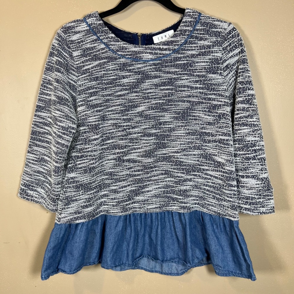 THML Navy White Textured Knit Peplum Top Chambray Hem Small TM4365